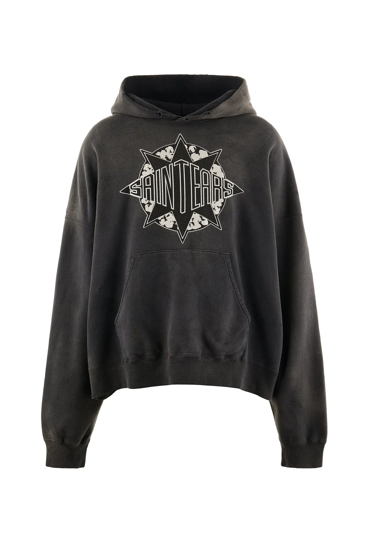DENIM TEARS x SAINT Mxxxxxx SAINT TEARS Hoodie/BLK Five-pointed star cotton hole-in-the-dark distressed hoodie, washed black S-XL Assute dyeing, whole piece sprayed with horse fade/horse weight, co-branded main mark/cotton wash mark/cherub mark, many hanging holes on the front and rear panels, the original version has the same loose fit